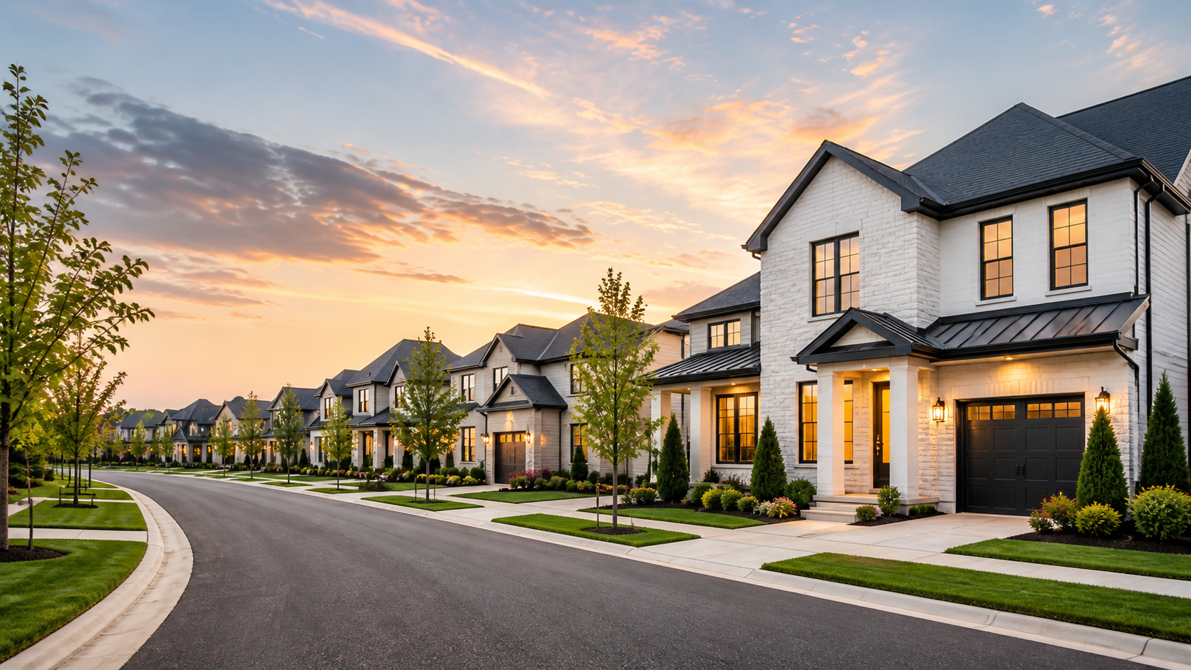 Modern Henin Homes neighborhood at sunset