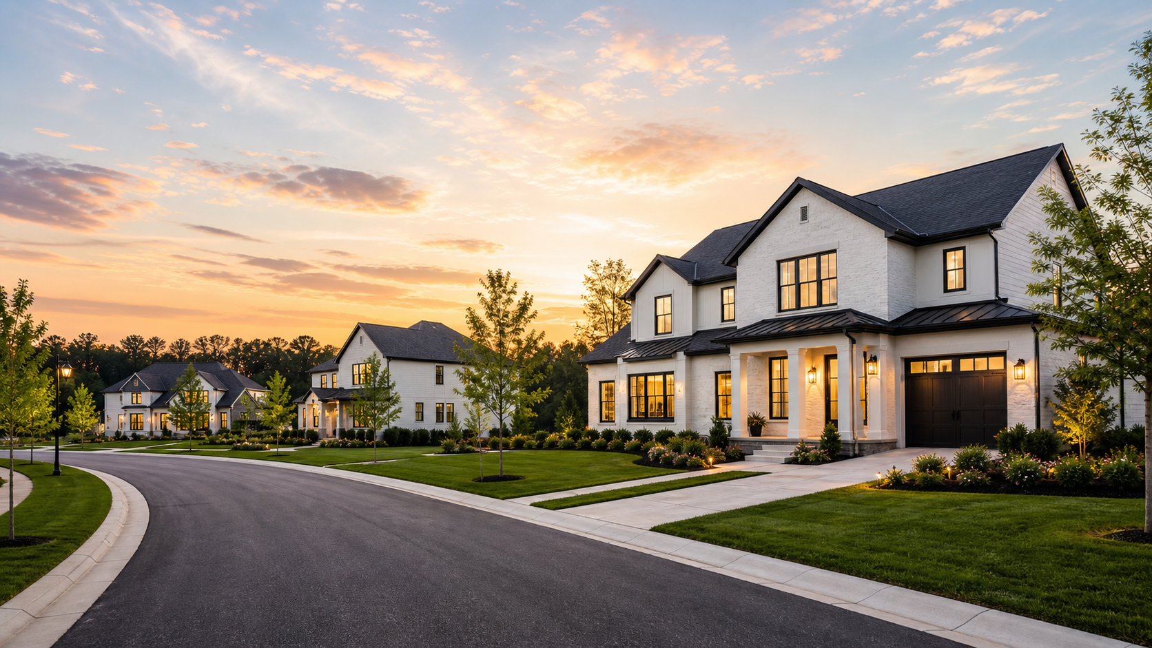 Modern Henin Homes neighborhood at sunset with spacious lots